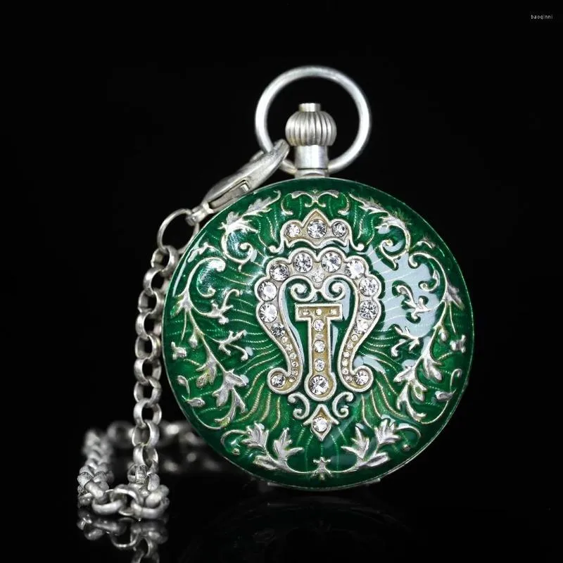 Tafelklokken Antique verzamelobjecten Europese stijl Pocket Watch Cloisonn Email ingelegd Zirkon Dubbele opening Silver Mechanische horloges