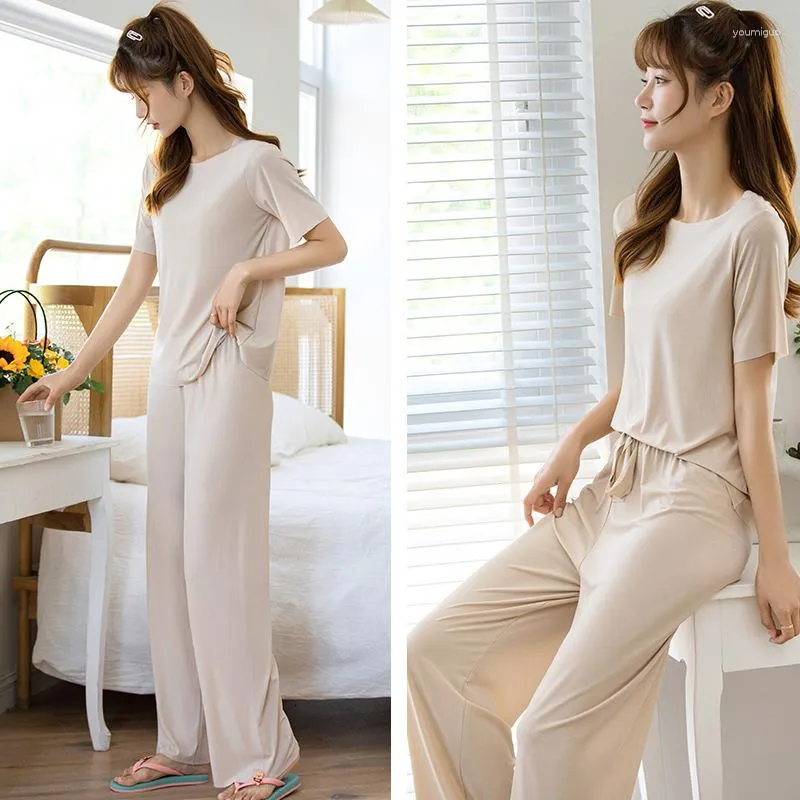 Women's Sleepwear Short Sleeve Trousers Pajamas Solid Color Suit Loose Ice Silk Home Clothes Lady Nightgown Female Sleeping Wear