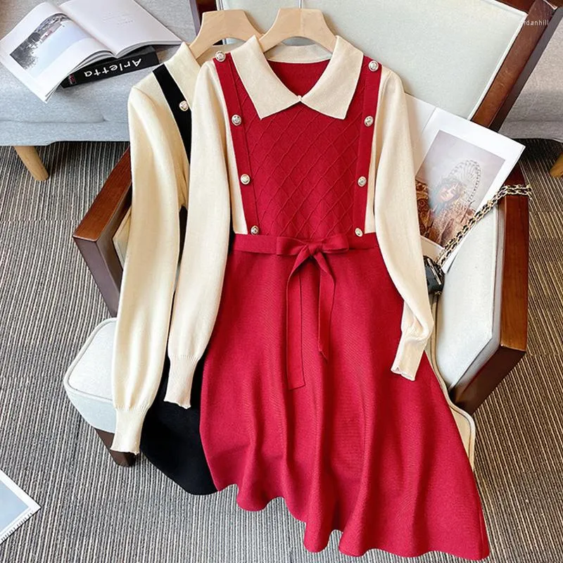 Повседневные платья Большой размер французский стиль моды красное вязание Женщины Осени зима теплое длинное рукаво