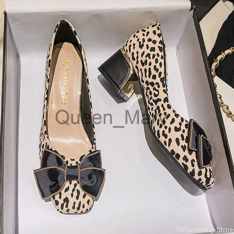 Dress Shoes Women High Heels Shoes Ladies Bowknot Loafers Chunky Heels Leopard Pumps OL Casual Leather Casual Shoes Plus Size 3543 J230815