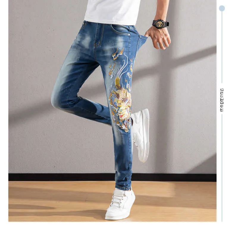 Men's Chinese Dragon Embroidery Jeans Embroidered Slim Pencil Pants Stretch  Denim Trousers Jeans for Men, Picture1, 28 : : Everything Else