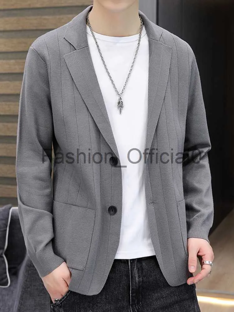 Mens Knit Suit Jacket Spring Summer Loose Casual Gray Blazers Male
