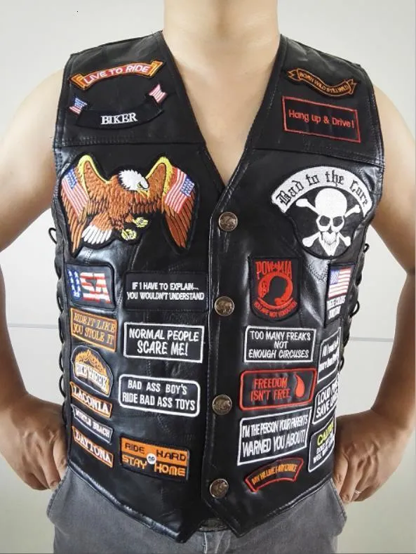 Kamizelki męskie męskie czarne oryginalne skórzane kamizelka motocyklowe W 42 Patches US Flag Eagle Biker kamizelki S-3XL 230812