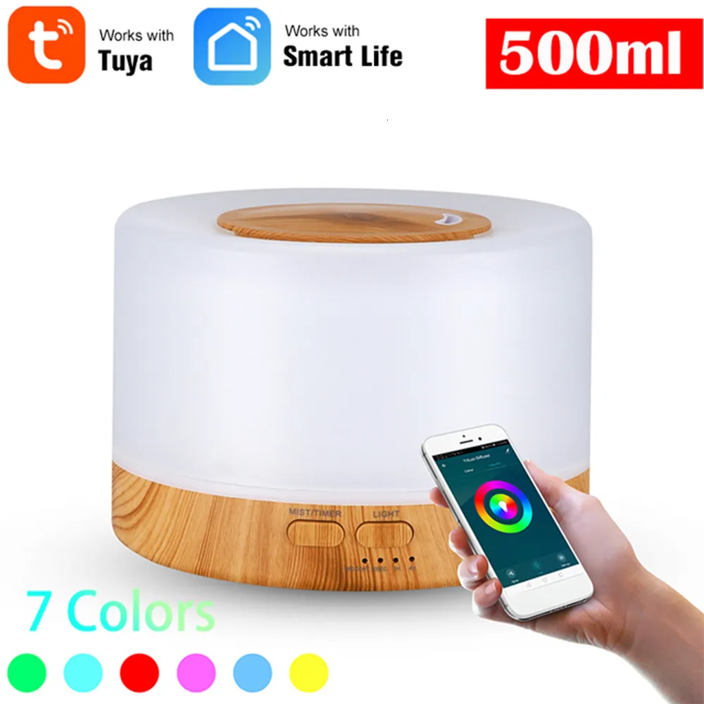 Huiles essentielles Diffuseurs Smart Ultrasonic Air Humidificateur Tuya WiFi Aroma Essential Huile diffuseur 500 ml Bois Grain Air Humidificateur Maker 7 Couleurs LED 230812