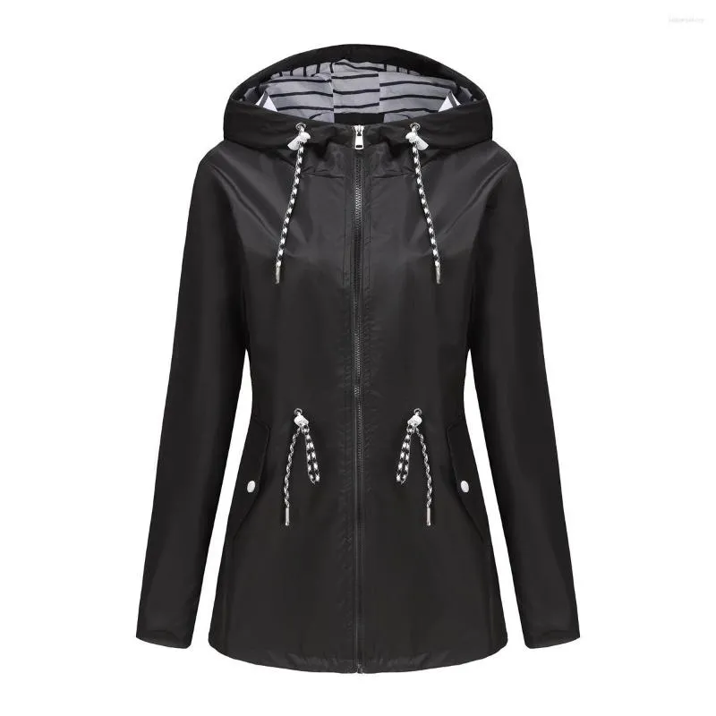봄 가을 가을 방수 후드 겉옷 겉옷에서 여성 트렌치 코트 여성 야외 윈드 브레이커 코트 검은 비옷 가을 긴 소매 재킷