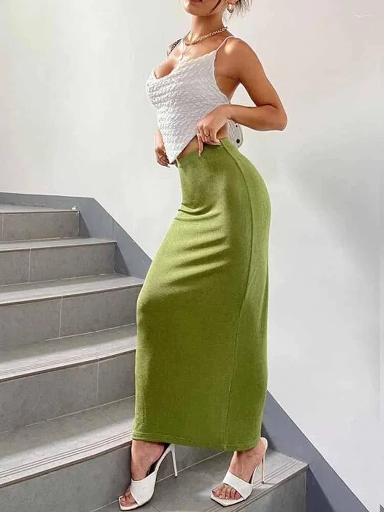 Women s High Waist Bodycon Maxi Skirt Solid Green Elastic Thigh Slit Beachwear
