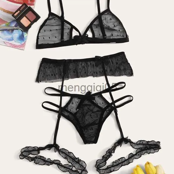 Sexy Set Sexy Bra Set Transparent See Through Bra and Panty Set with Garter Perspective Mesh Lace Lingerie Set Ladies Underwear Set HKD230814