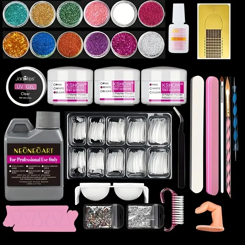 Professionelles Acrylnagel -Kit Acrylflüssigkeits -Set, 120 lm Monomer Flüssigkeit 12 Farbe Glitzer Acrylpulver, weißes klares rosa Acrylpulver, Nails Extension Maniküre