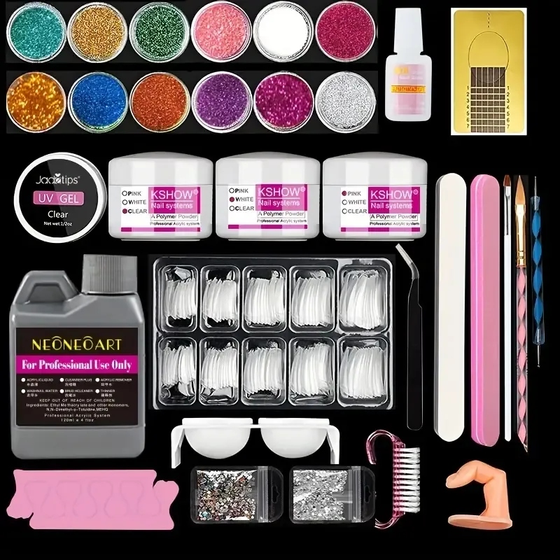 Professional Acrylic Nail Kit with 12 Color Glitter Powder White Clear Pink Acrylic Powder Monomer Liquid for Nail Extensions Manicure