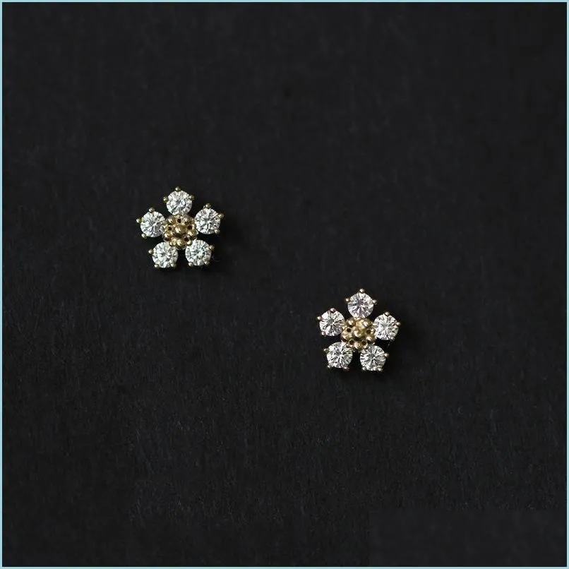 Kolczyki stadninowe 925 Sterling Sier Boho Diamond Small Flower Pating 14k złota kobiety Summer Beach Casual Jewelry Akcesoria 2696 Drop dh5uq