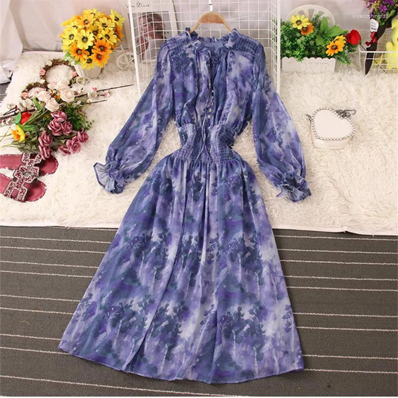 Casual Dresses 2023 Spring Autumn Women A Line Large Hem Chiffon Dress Elegant Tie Bow Print Ladies Puff Sleeve Long Holiday Vestidos