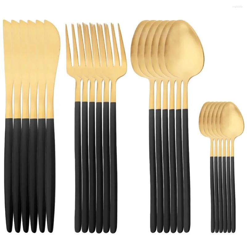 Dinnerware Sets 24Pcs Tableware 18/10 Stainless Steel Knife Fork Tea Spoon Black GoldFlatware Kitchen Silverware Dishwasher Safe