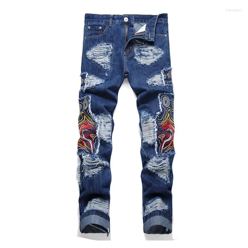 Jeans masculin punk hop hop pantalon déchiré broderie streetwear pantalon denim pour le bleu mâle