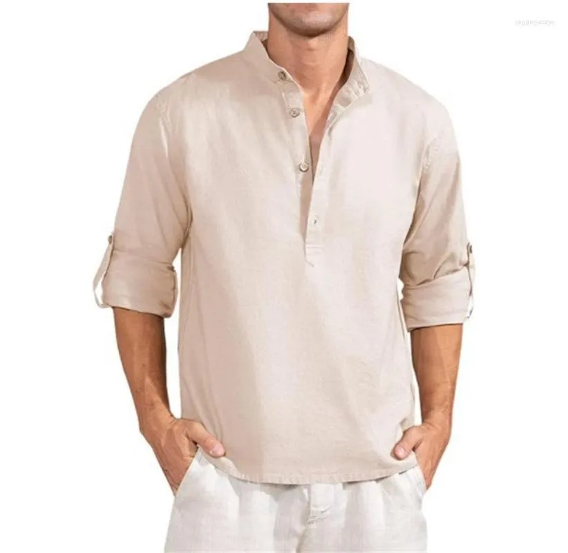 Camisas casuais masculinas de linho de algodão de algodão de manga comprida colar de camisa sólida solta colar formal para blusas