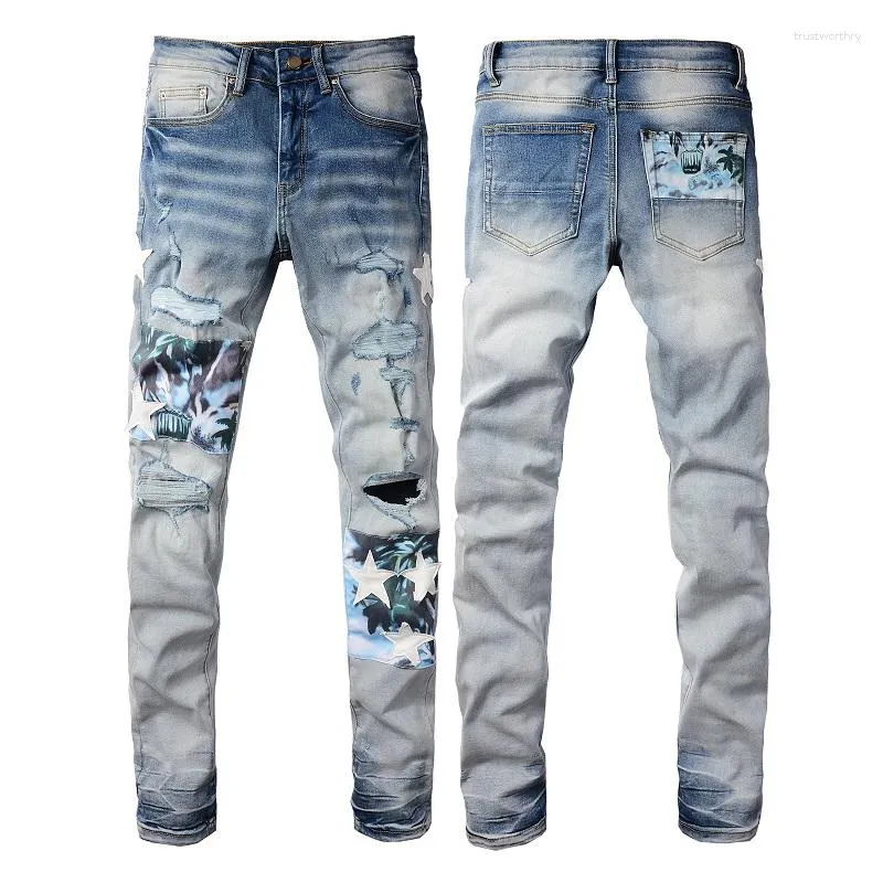 Jeans maschile am Streerwear Skinny Patch Denim Pants Hip Hop Wash Retro Wash Elastic harajuku