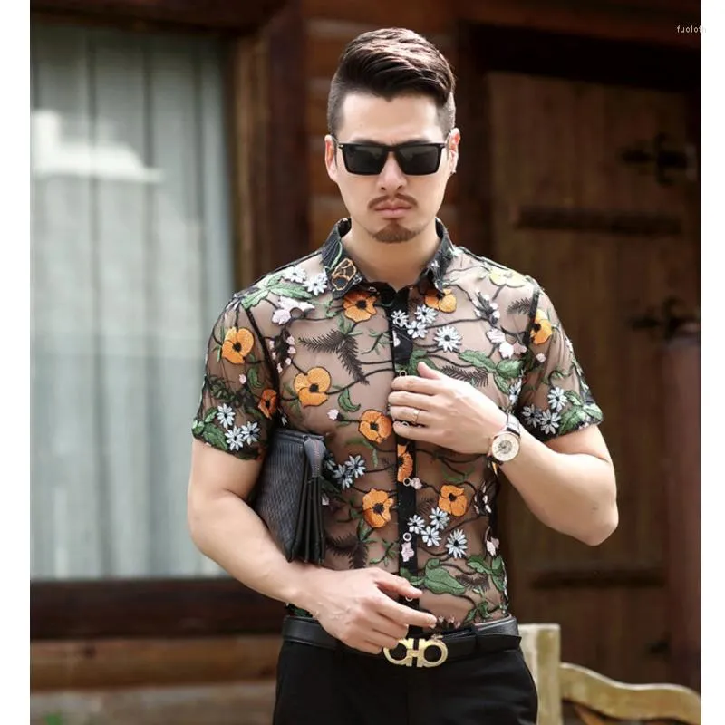 Men's Casual Shirts Sleeves Shirt Flower Floral Lace Men 2023 Luxury Embroidery Transparent Club Party Prom Sexy Social