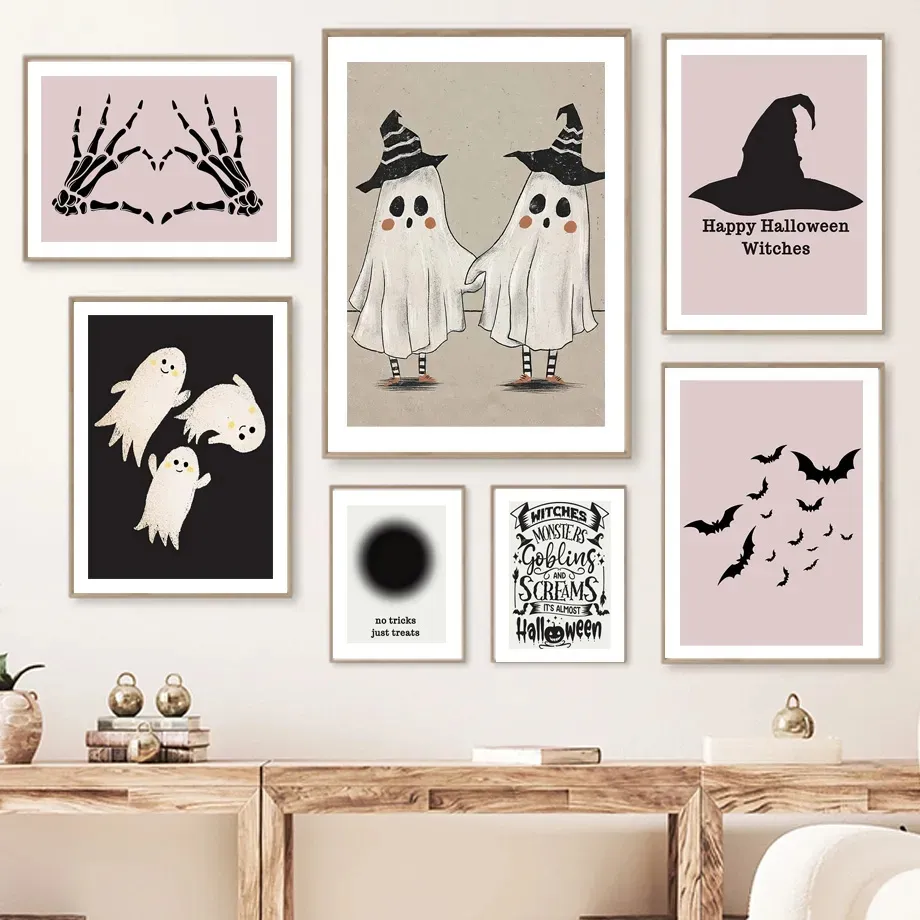 Pink Halloween Canvas Painting Witchy Gothic Ghost Skeleton Posters And Print Wall Art Nordic Wall Picture For Living Room Boys Bedroom Decor w06