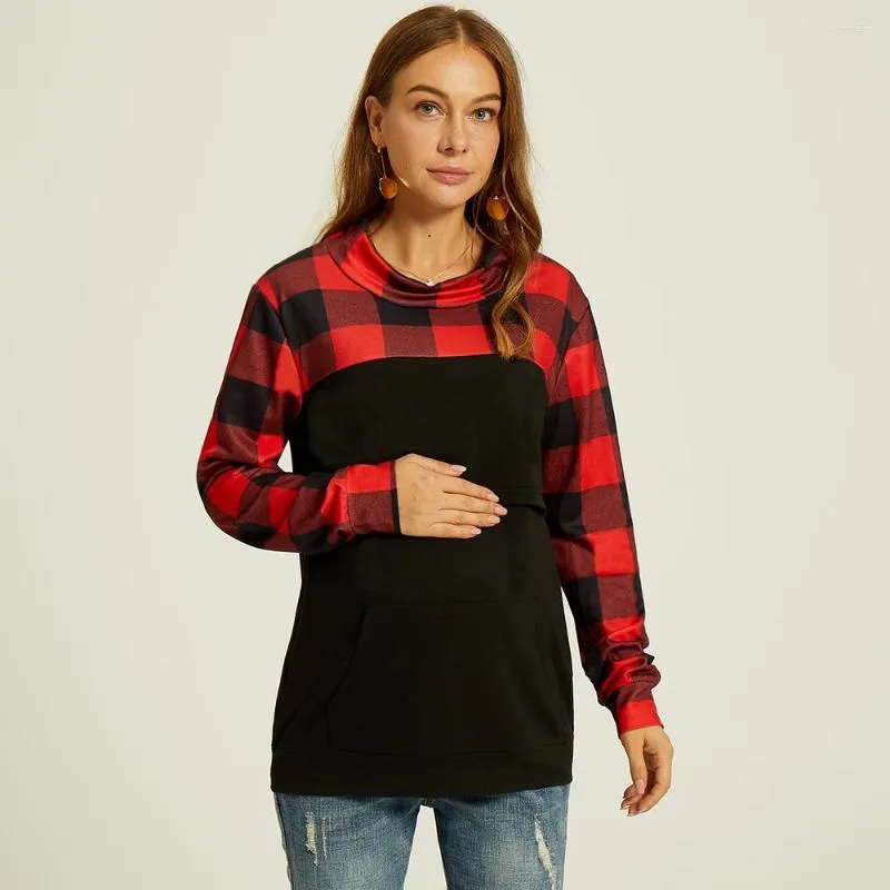 Women's Hoodies 2023 European And American Style Maternity Dress Plaid Stitching Long-sleeved Hooded Nursing Sweater Jacket