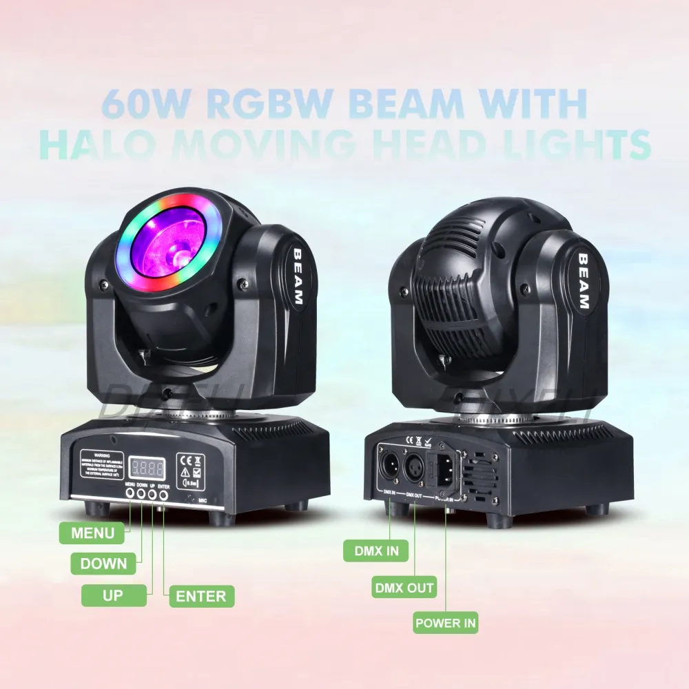 Mini Moving Head LED 60W Strahlbühnenbeleuchtung mit SMD5050 RGB 3in1 Halo Super Bright Strobe Spot Bar DMX -Steuerung