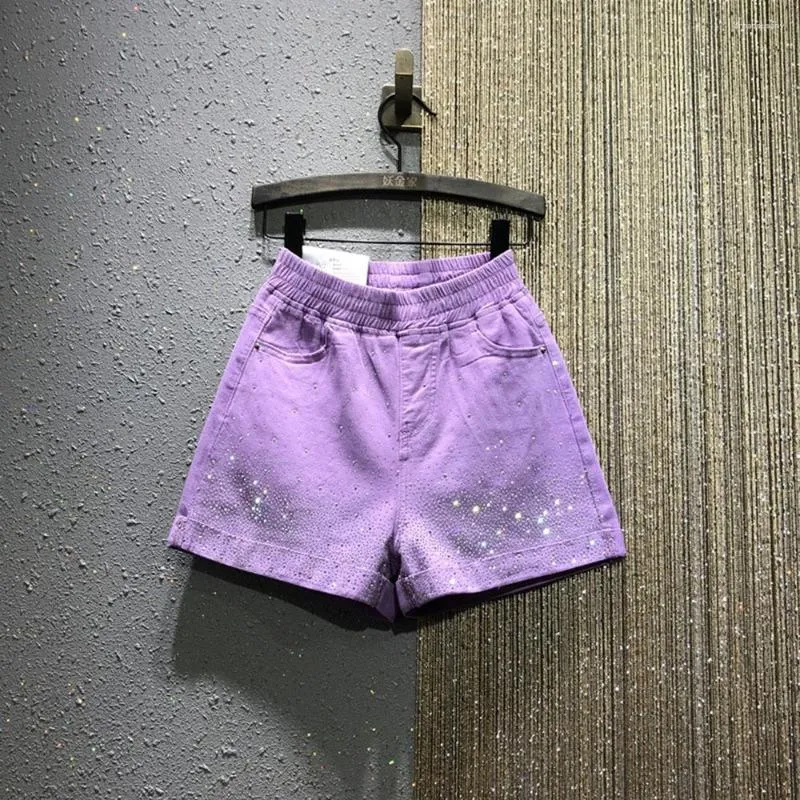 Women's Jeans Purple Shorts Women 2023 Summer Elastic Waist Loose High Candy Color Drilling Denim Woman Pants