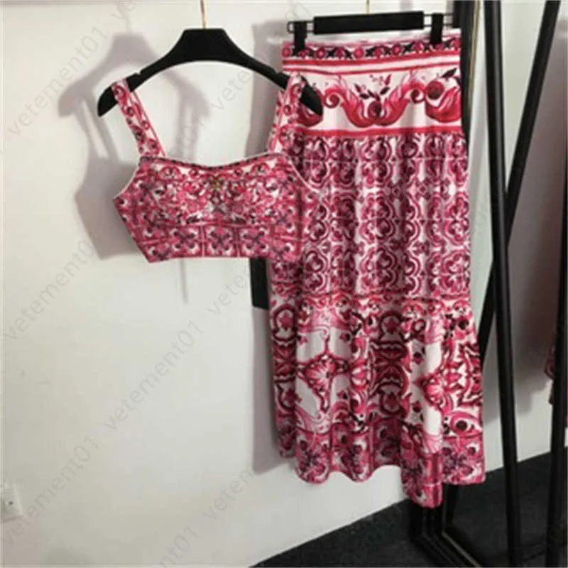 Summer Dress Two Piece Set Women Clothing Majolica Floral Vintage Print SMOCKED CAMISOLE TOP OCH HÖG MIDED PLECTED HALV KIRT SETS Designer Kjolar Suit 2 Q709