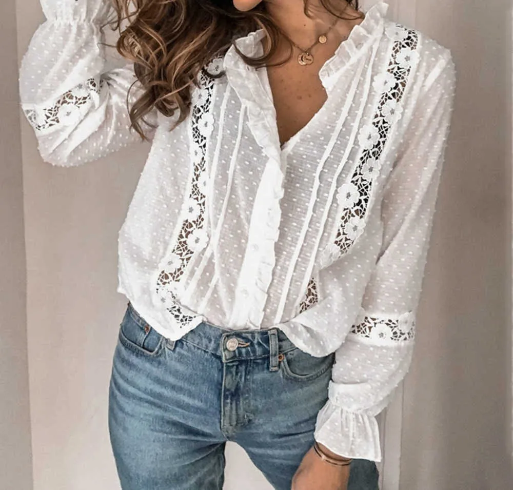 Berrygo Summer Floral Cotton White Blue Vintage Hollow Out Female Office Ladies Topps Casual Lace Long Sleeve Shirts 210308