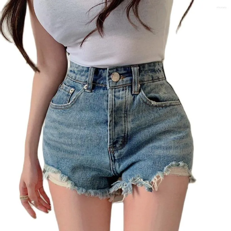 Kvinnors jeans koreanska modeflickor kort sommardesign frayed hem hög midja blå bomull kvinnor denim shorts