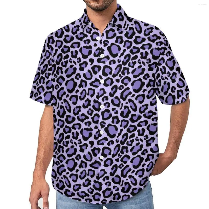 Men's Casual Shirts Purple Spotted Leopard Loose Shirt Vacation Animal Print Hawaiian Design Short-Sleeved Vintage Oversized Blouses