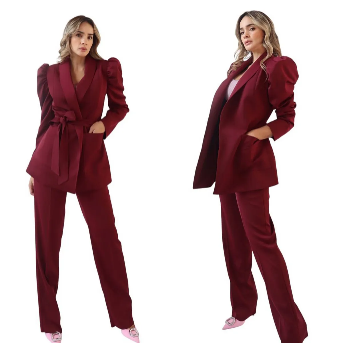 Bourgogne Women Pants Suits Slim Fit Puffy Long Sleeve Blazer Set 2 Pieces Custom Made for Wedding Wear