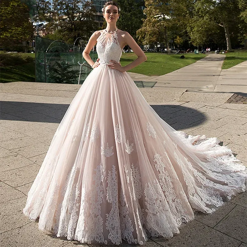 pink and white halter wedding dress