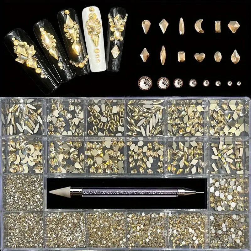 21 Grids Nail Art Rhinestones Kit 2000pcs okrągłe kształty i 360pcs Multi Shapes Zestaw Rhinestones, 3D Flatback Crystal Nail Klejnoty z podwójnie podwójnym długopisem