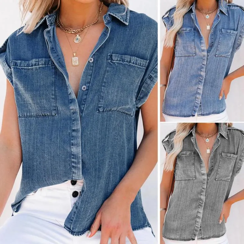 Blouses pour femmes Col de chemise à revers à respiration légère de poche droite légère denim sans manches pour la vie quotidienne