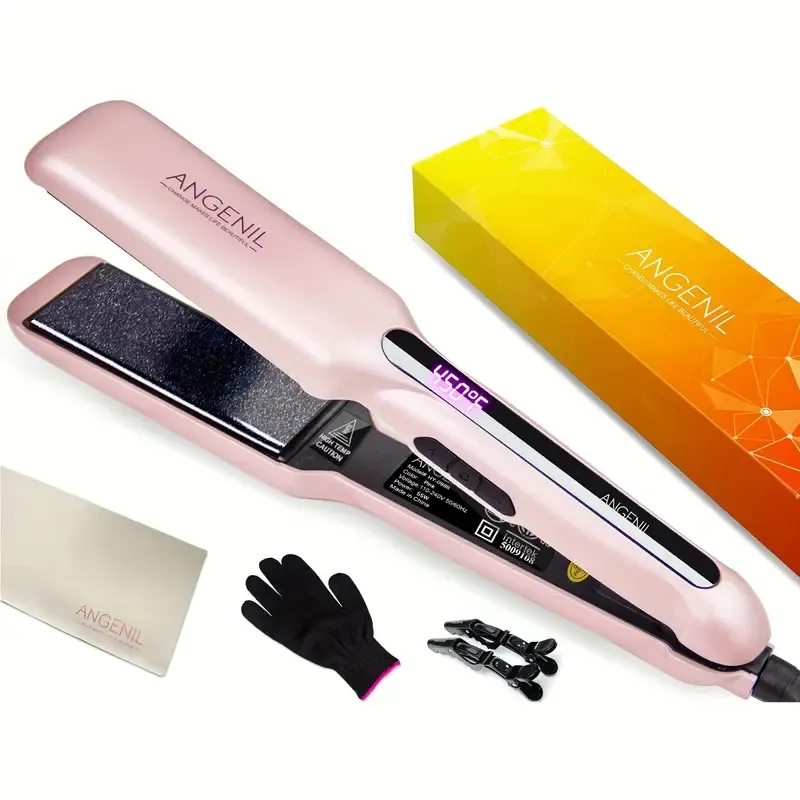 Pink Argan Oil Flat Iron Curling Iron In One, Professional Portable Dual Voltage Ceramic Hair Straightener, Fast Straightening Styling