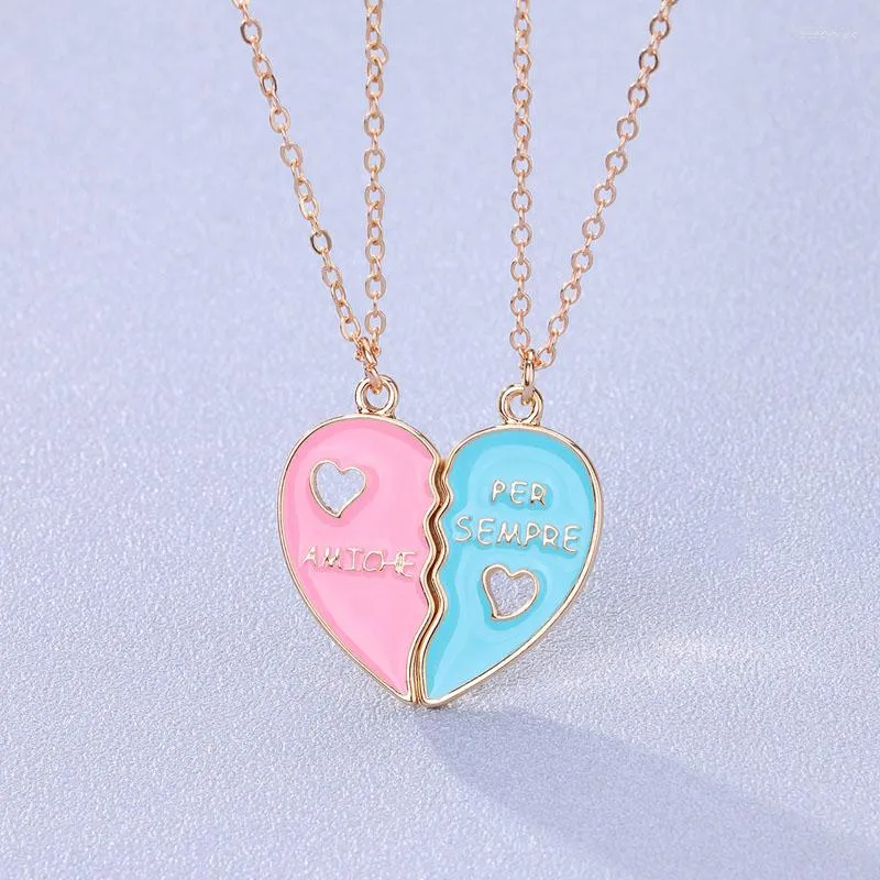 Hot Couple Pink Blue Heart Broken Best Friends Necklace Pendant Chain BFF  Friendship Cute Jewelry Gifts For Kids 2PCS/Set