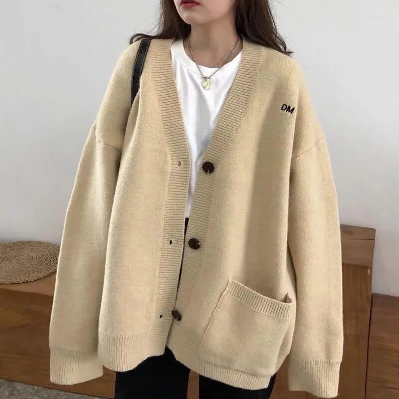 Kvinnors stickor anbensater koreansk stil brev chic hajuku cardigan kvinnor preppy mode alla matchar cardigans lös v hals tröjor outwear