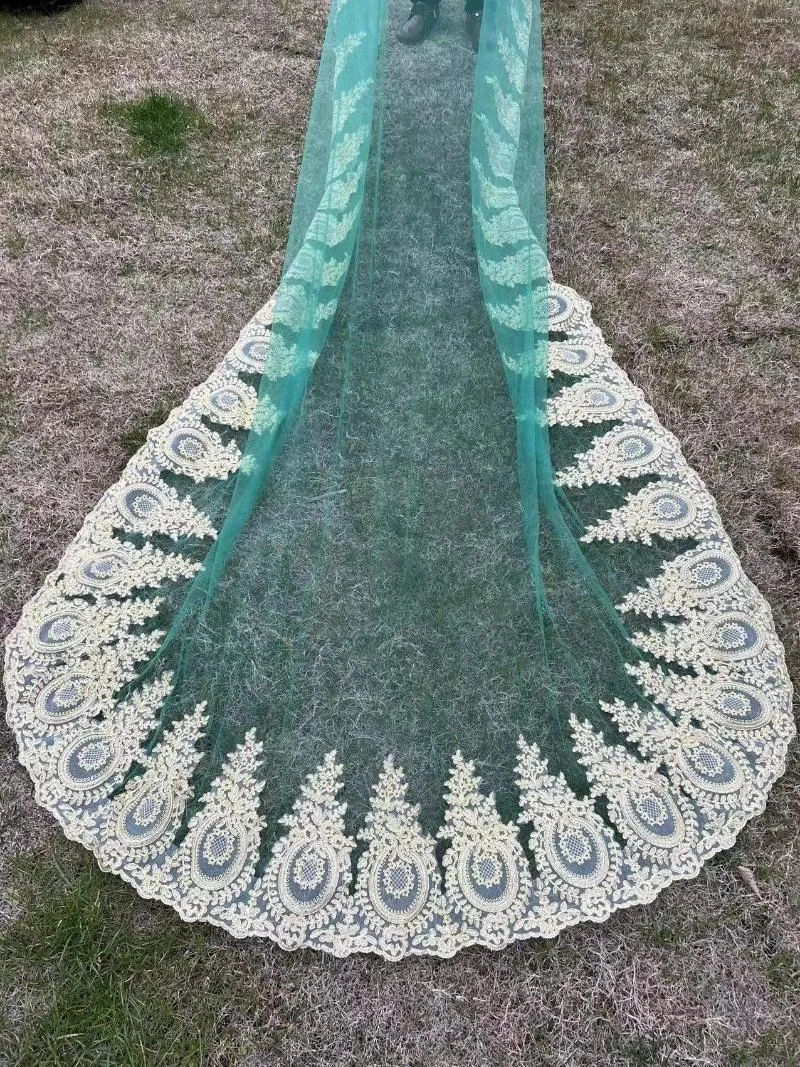 Veli da sposa gy lussuoso ananas dorato fiore rosso bianco filo verde blu verde 1 strato 3m ovale velo in pizzo applique romantico cattedrale