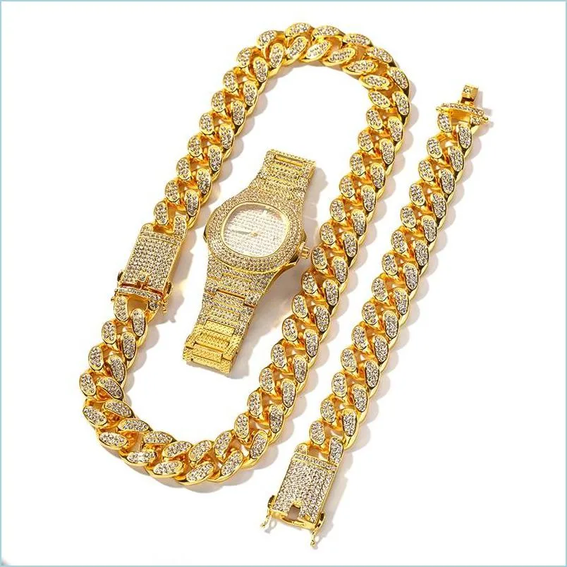 Colar de pulseira Hip Hop Bling Bling Jewelry Men Iced Out Diamond Miami Chain Chain Chain Gold Sier Relógio Colares Definir Drop Delive Dh4wa