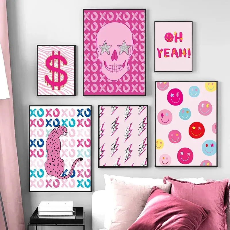 Pink Punk Canvas Målning Fashion Glamour Affischer and Prints Collection Smiley Face Dollar Sign Picture Wall Art Living Room Bar Home Decor WO6