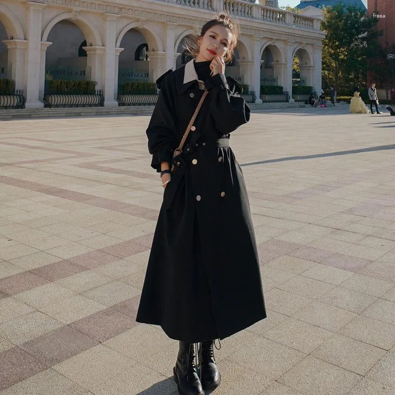 Capas de zanjas femeninas Versión coreana Hepburn Style Black Windbreaker Coat Long Spring y Autumn Temperament Jacket Overcoat Z2503