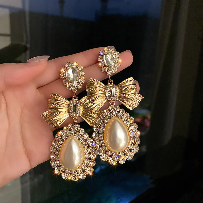 Stud FYUAN Vintage Gold Color Bowknot Crystal Earrings for Women Oversize Water Drop Pearl Dangle Statement Jewelry 230814