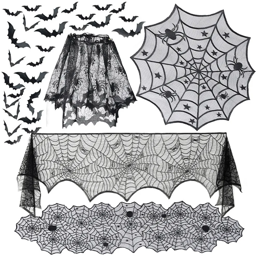 Andra evenemangsfestleveranser Halloween Bat Table Runner Black Spider Web Lace Trabbad eldstadsgardin för dekoration Horror House Props 230814