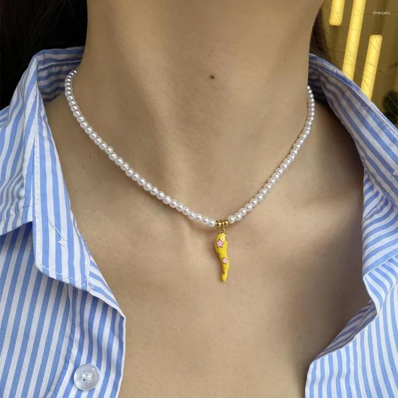 Pendant Necklaces Funny Yellow Facing Heaven Pepper Stars Imitation Pearl Necklace Women Collar Stainless Steel Buckle Gold Color Free