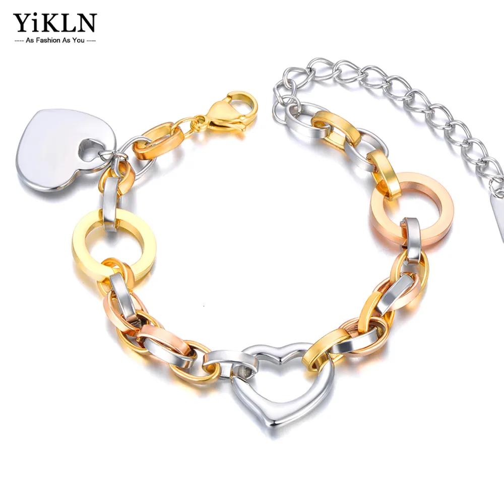 Braceletas Charm Yikln Acero inoxidable Tres Gold Color Heart Fashion Fashion Link Jewellry for Women YB23033 230814