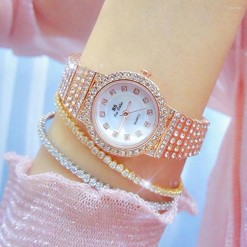 Armbandsur bs diamant full is ut rostfritt stål titta på kvinnor lyxiga bling 32mm kvarts mode silver guld rose handband montre luxe