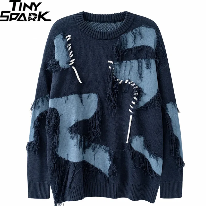 DHgate.com:Ripped Patchwork Knitted Sweater Mens Sweaters