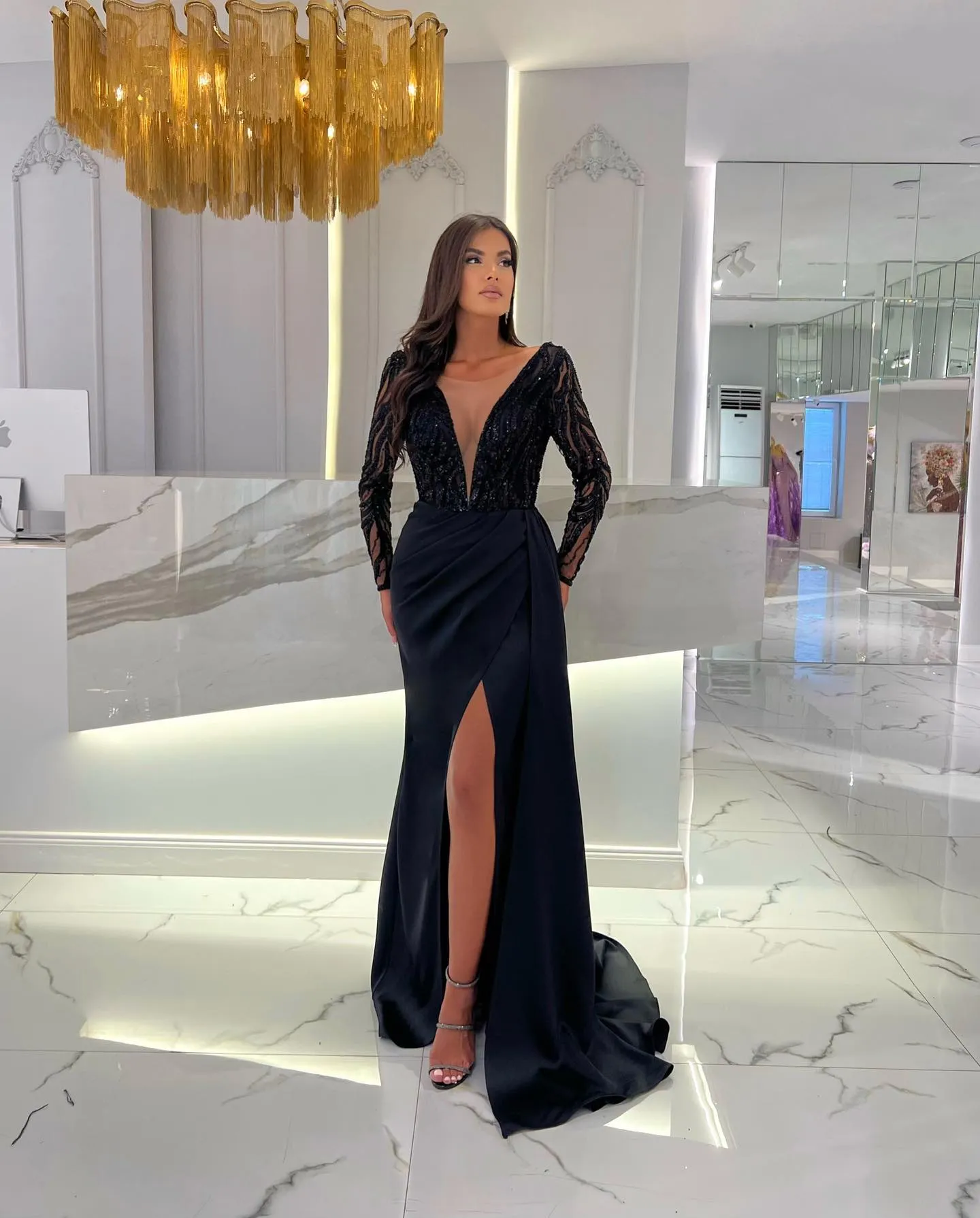 Vestidos Formales Vestido Negro Largo Entallado Cuello V Vestido