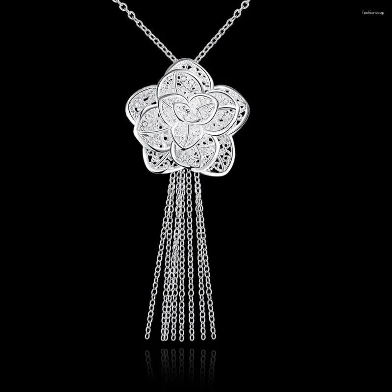 Подвесные ожерелья 925 Печать Серебряный цвет ретро красивые цветы ожерелье для женщин 18 -дюймовый рождественский подарок рождественский люкс.