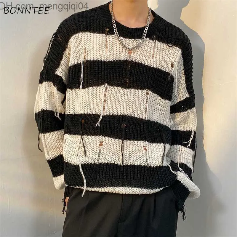 Men's Sweaters Striped O-neck patterned sweater with hollow Korean street knit waist unisex bag design personalized and fully matched with teenagers Z230814