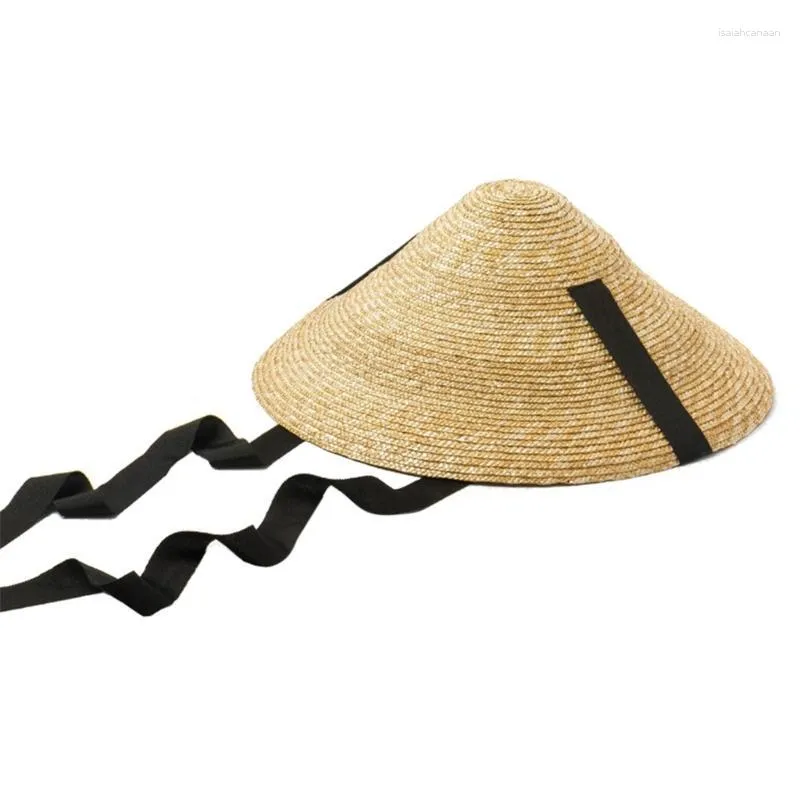 Chapéus largos de chapéu de palha de sol, tira longa praia cônica de verão para meninas x4yc
