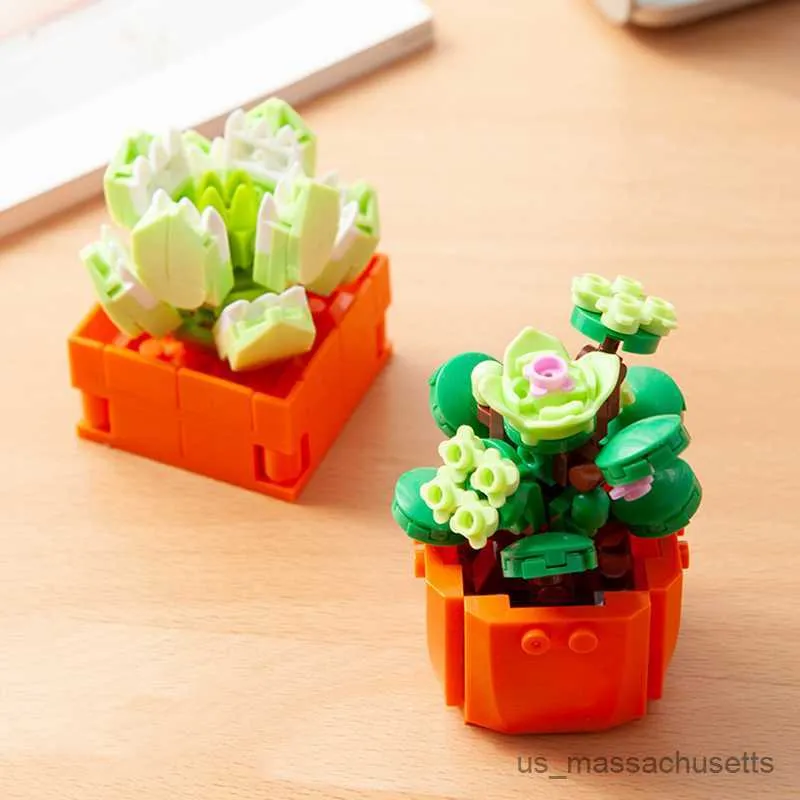 Block Mini Flower Building Blocks Home Desktop Succulent Potted Ornament Diy Small Particles Puzzle Assembled Children's Toy Gift R230817
